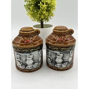 Vintage Ceramic Salt Pepper Shakers Brown Jug Tavern Scene Woodgrain 3" Japan